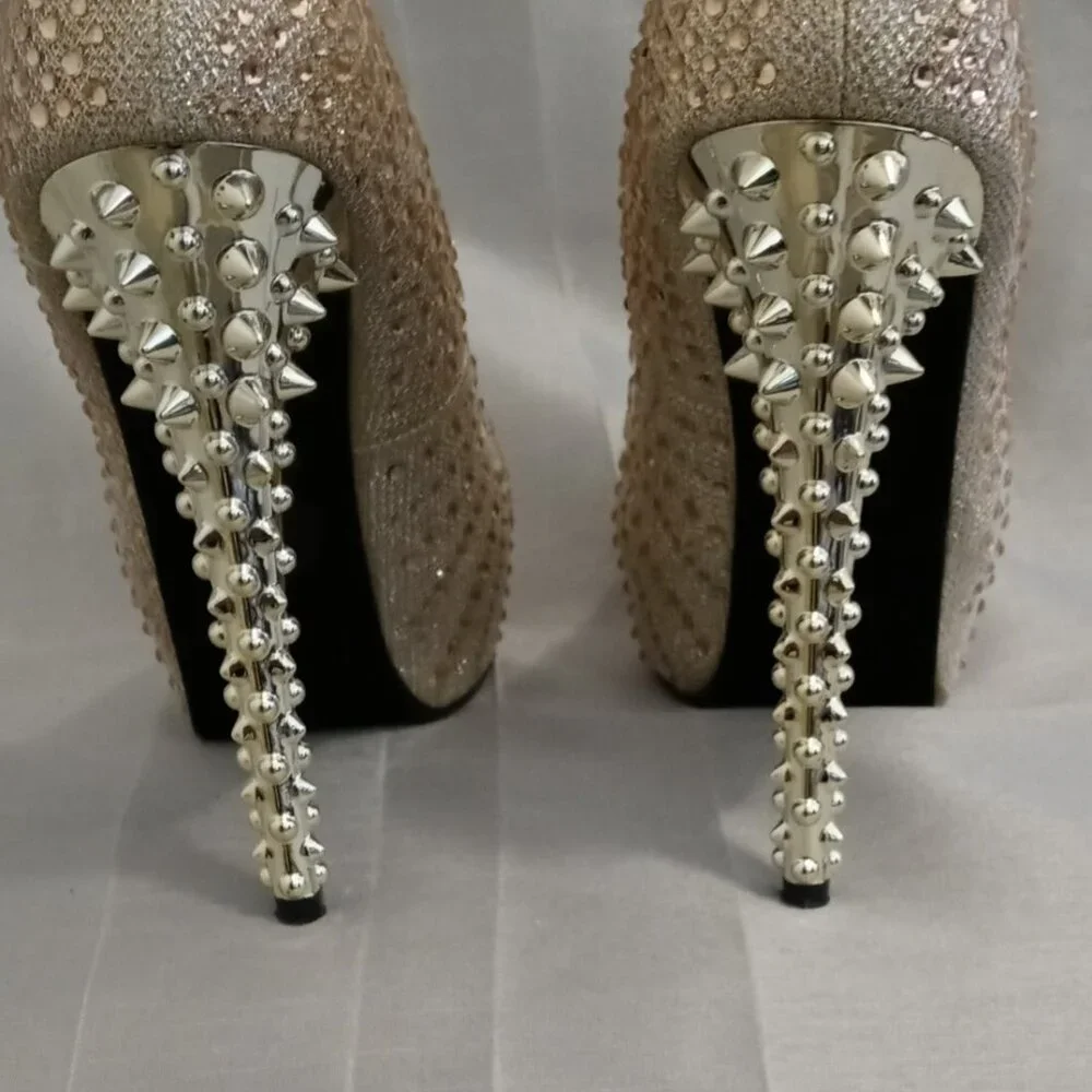Champagne Rose Rhinestone Gold Spiked Heel 5 1/2in Platform Stiletto